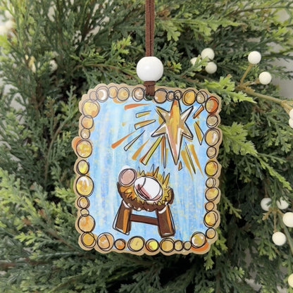 Baby Jesus in Manger Nativity Wood Ornament - Retro Christmas Star Keepsake Gift