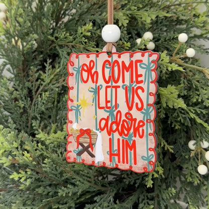 Oh Come Let Us Adore Him Manger Ornament - Whimsical Christmas Nativity Tree Decoration