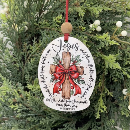 Matthew 1:21 Scripture Wooden Cross Christmas Ornament | Christian Holiday Keepsake
