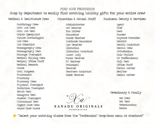 A structured grid layout titled "Find Your Profession," categorizing over 60 custom career ornament options into four distinct columns: Medical and Healthcare Crew, Education and School Staff, Business, Beauty and Services, and Veterinary and Family. A central handcrafted company logo for Xanadu Originals anchors the bottom row. A yellow hand pointer at the bottom directs shoppers to select their matching choice from the "Profession" drop-down menu at checkout.