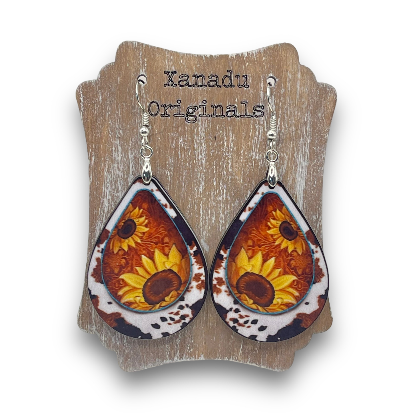 Sunflower Cowhide Teardrop Earrings