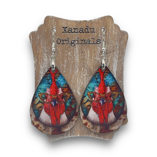 Rooster with Glasses Teardrop Shaped Earrings