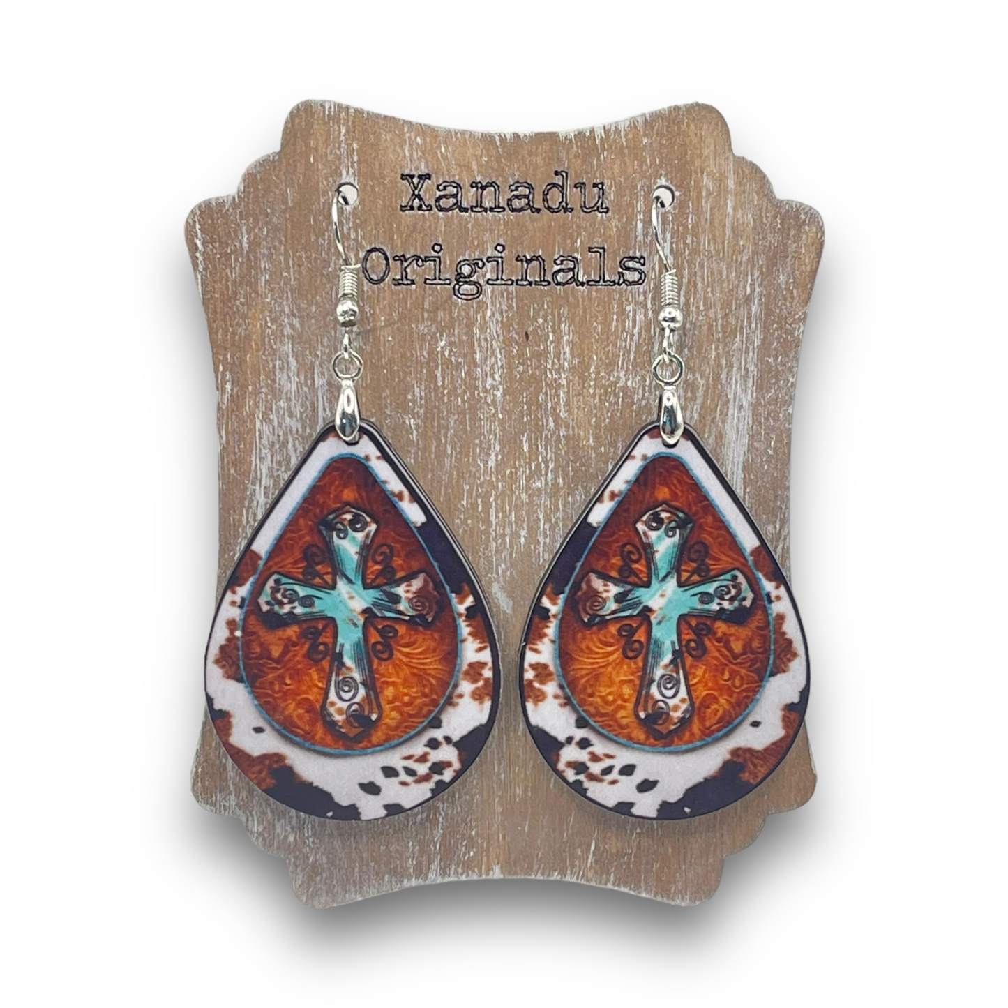 Teal Cross Cowhide Teardrop Earrings