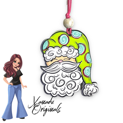 Whimsical Lime Green Swirl Santa Ornament, Traditional Holiday Tree Decor, Whimsical Hand-Painted Style Keepsake