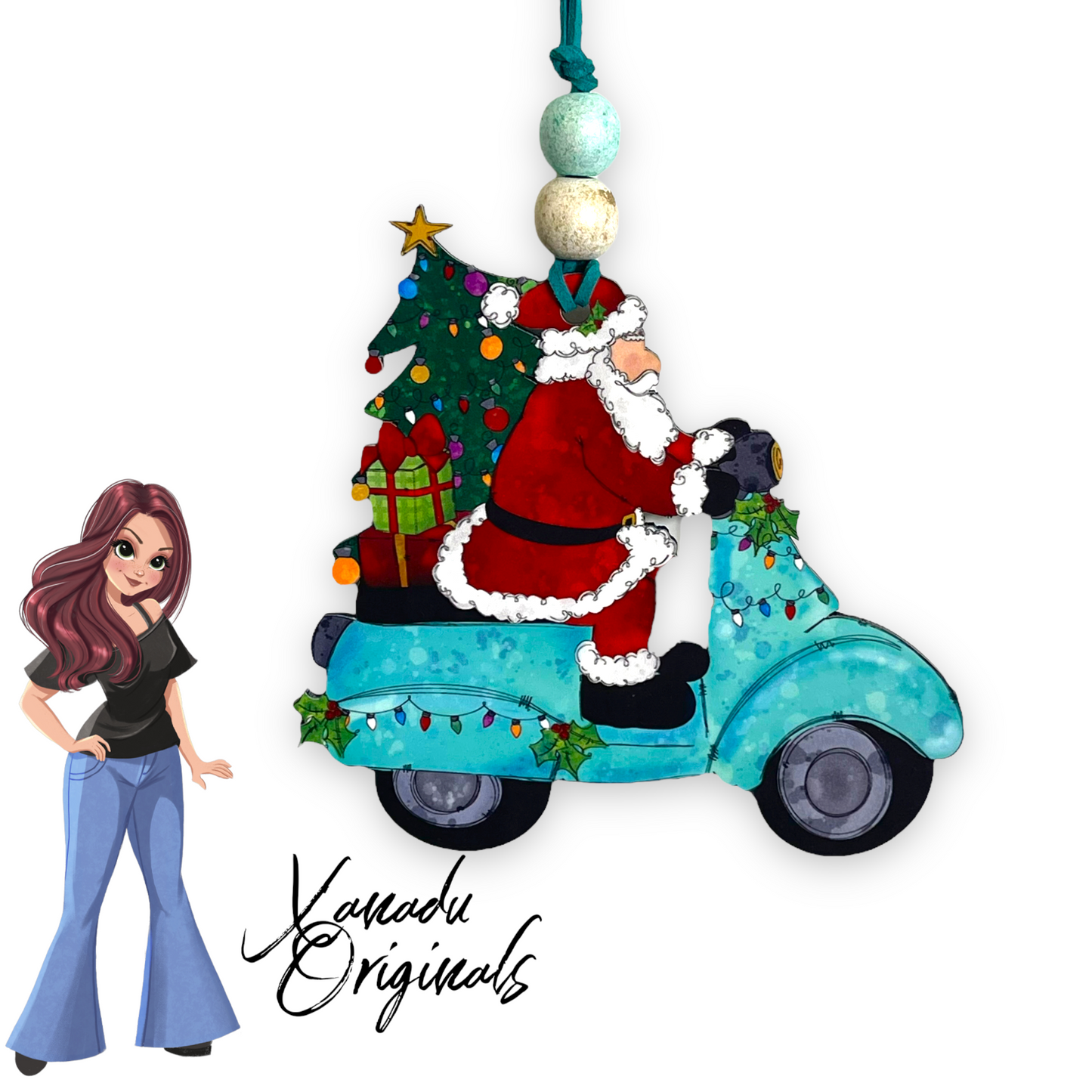 Teal Moped Santa Ornament